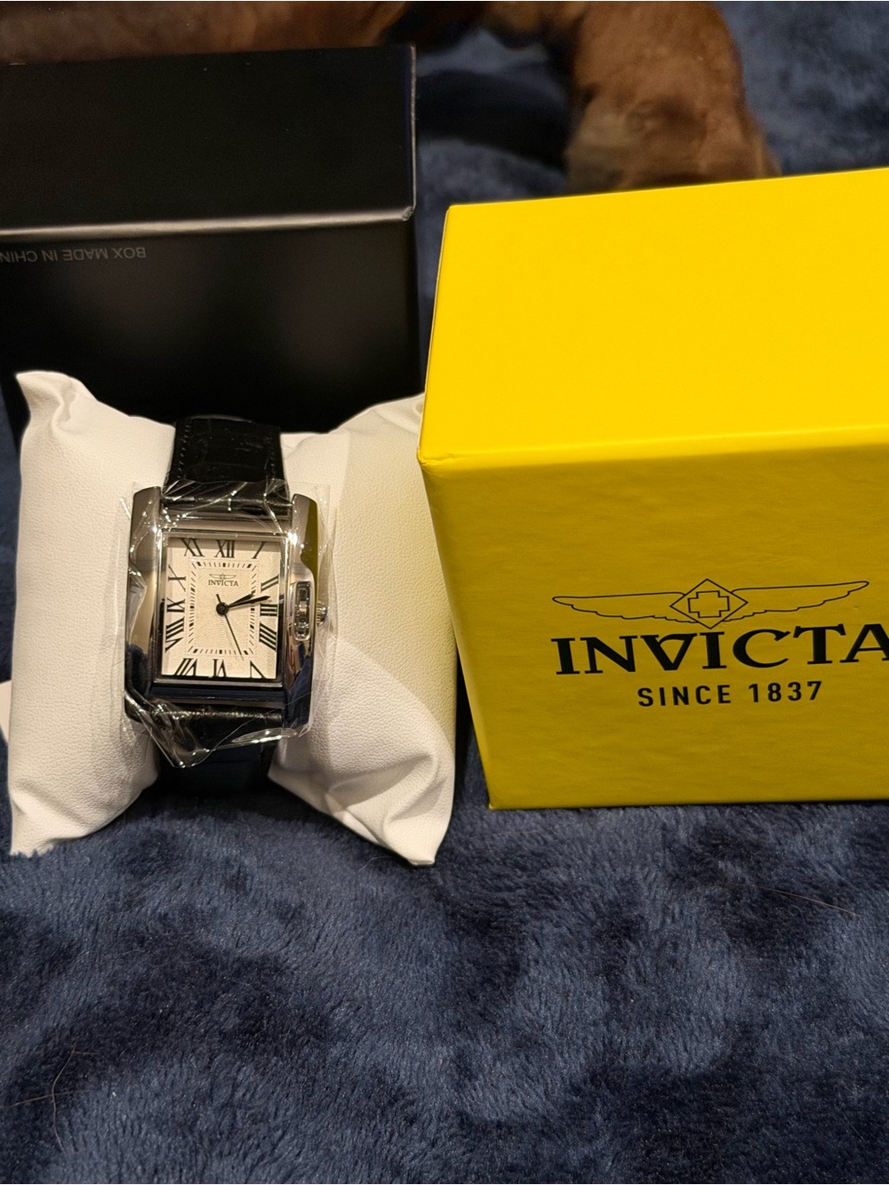 Invicta Men's Black Strap Silver Case White Dial Rectangular Watch